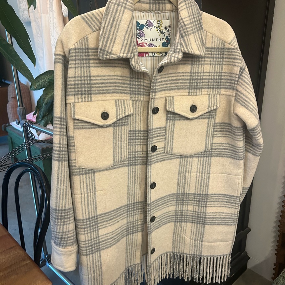 Munthe Women's Cream and Gray Plaid Blazer Fringe NWT Size 4